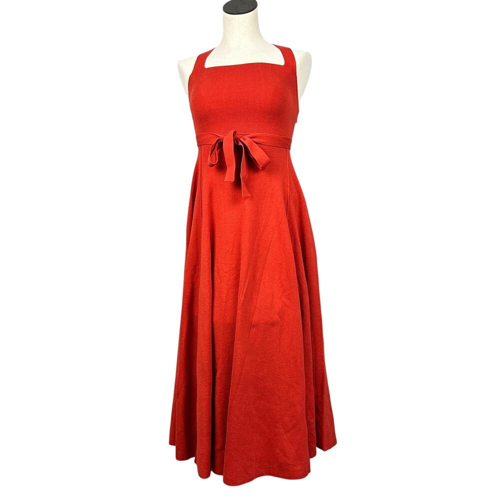 Free People Red Orange Knit Square Neck Dreamer Tie Back Midi Dress XS - Picture 3 of 9
